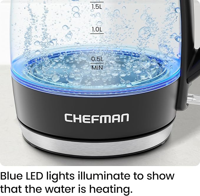 Chefman Hervidor Eléctrico de Vidrio Negro 1.8L, 1500W, Ebullición Rápida en 3 Min, Luces LED
