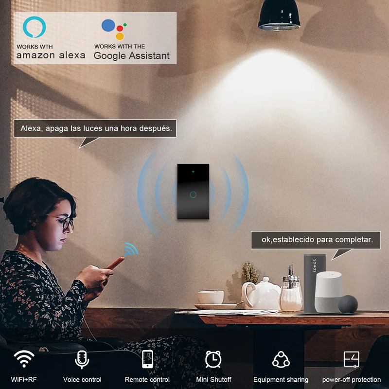 Interruptor Inteligente WiFi Táctil con Control por App y Voz, Vidrio Templado, Fácil Instalación