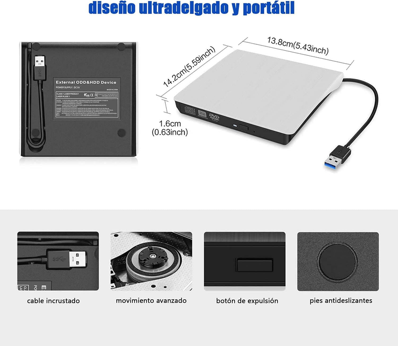 Lector y Grabadora Compatible con Windows, Mac y Linux, Alta Velocidad, Portátil con Cable Integrado