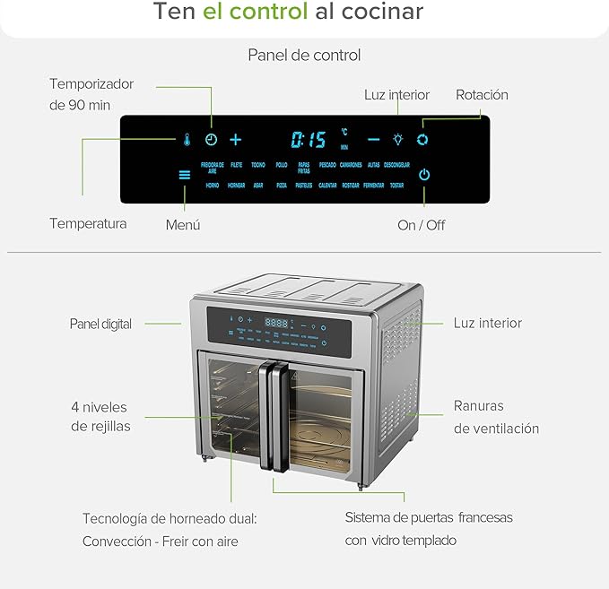 AVERA Freidora de Aire y Horno Eléctrico XL 25L con Puertas Francesas, Panel Digital 18 Funciones