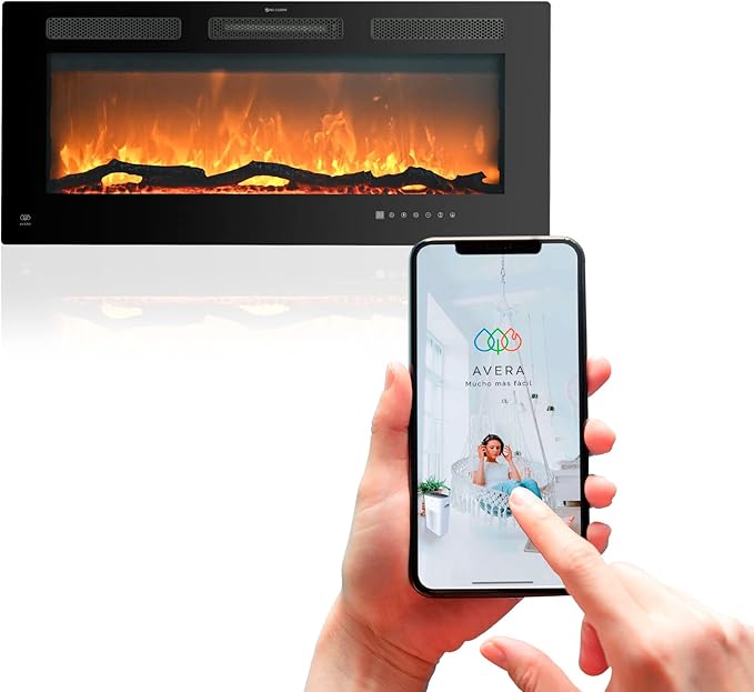 Chimenea Eléctrica AVERA 42'' con WiFi, 3 en 1 Empotrable, De Pared o De Pie, Flama LED 7 Colores