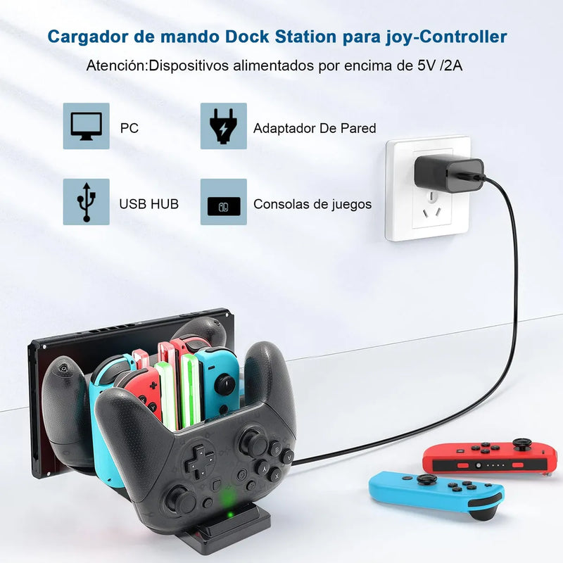 Base de Carga 6 en 1 para Joy-Con Nintendo Switch, Estación de Carga Rápida y Organizador