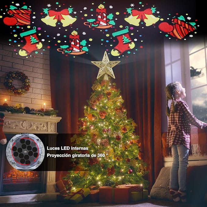Proyector LED de Navidad 360° con 6 Patrones, Copos de Nieve y Estrellas en 3D