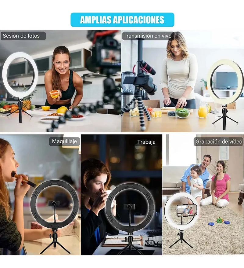 Aro de Luz LED Portátil 10’’ con Trípode y 3 Tonos de Luz