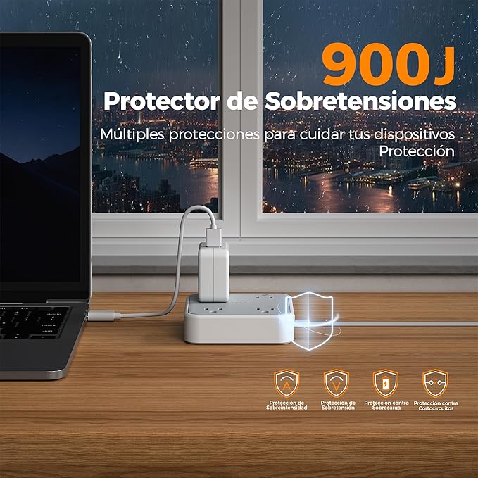 TESSAN Multicontacto 4 Tomas + 3 USB (USB-C) con Protector, Gris