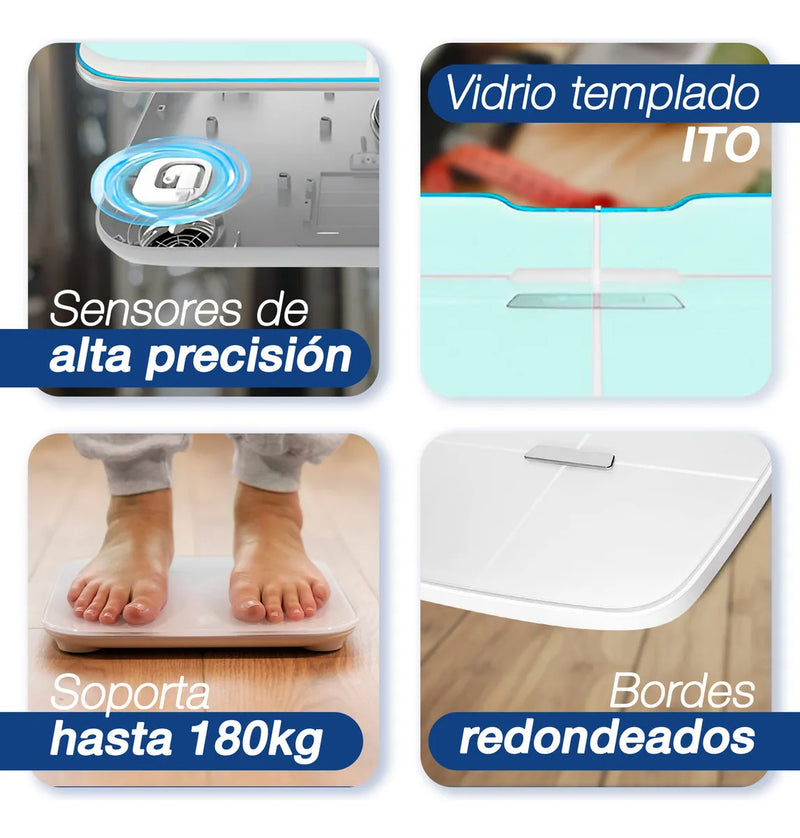 Báscula Digital Inteligente Zoma 180kg con Bluetooth y WiFi, Vidrio Templado, Pantalla LED