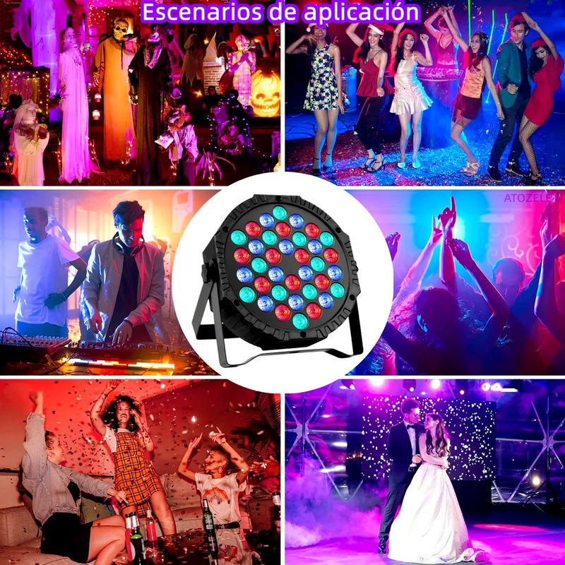 Luz LED de Escenario 36x1 RGB 36W con DMX, Control Remoto y Modo Rítmico