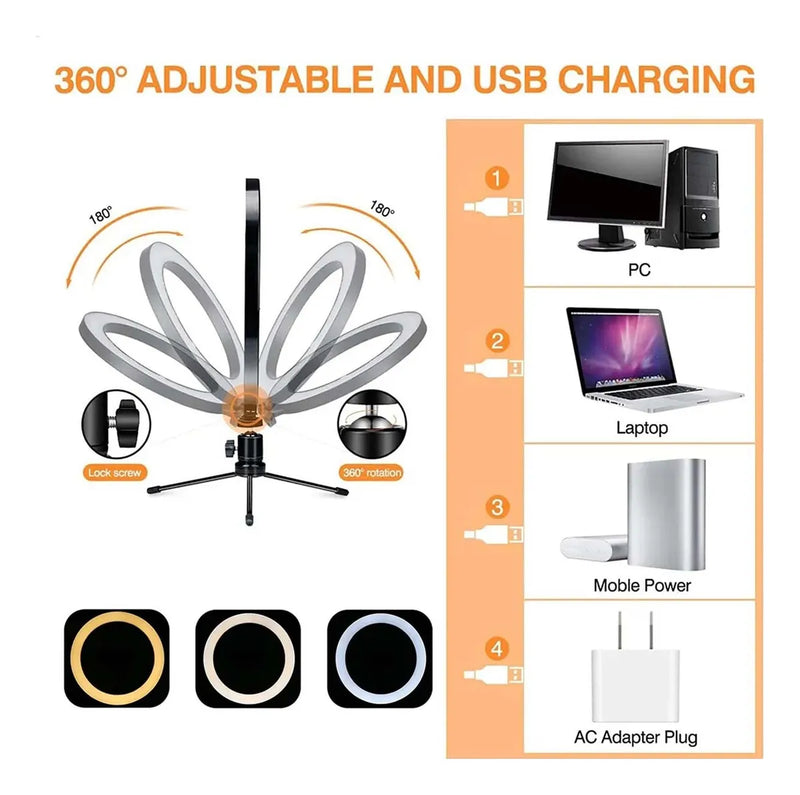 Aro de Luz LED Portátil 10’’ con Trípode y 3 Tonos de Luz