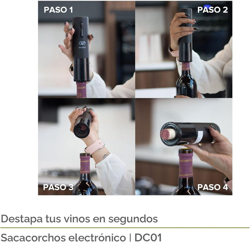 Sacacorchos Eléctrico Recargable AVERA con 3 Accesorios, Profesional e Inalámbrico para Vino