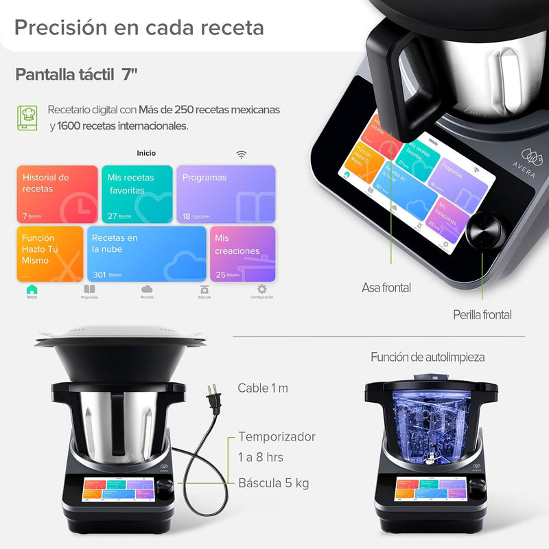 AVERA Chef Robot de Cocina Inteligente 4.7L, WiFi, Pantalla Táctil, 1850 Recetas, 19 Programas y 30 Funciones