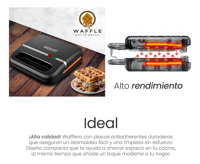 Waflera Eléctrica Antiadherente de 2 Cuadrados, Fácil de Limpiar