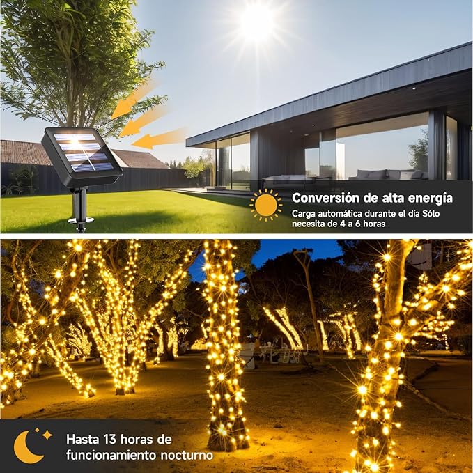 Luces Solares LED ELECGO 2x10M, Blanco Cálido, 8 Modos, IP65 Impermeable