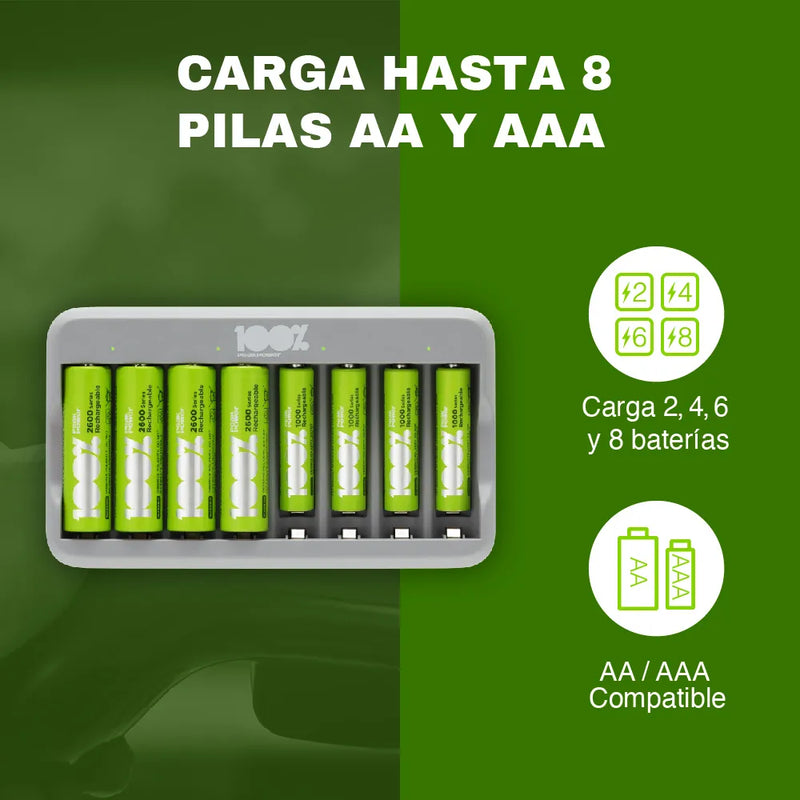 Cargador de Pilas AA y AAA con 8 Ranuras USB + 8 Pilas Incluidas