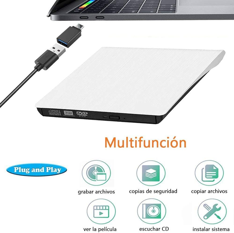 Lector y Grabadora Compatible con Windows, Mac y Linux, Alta Velocidad, Portátil con Cable Integrado