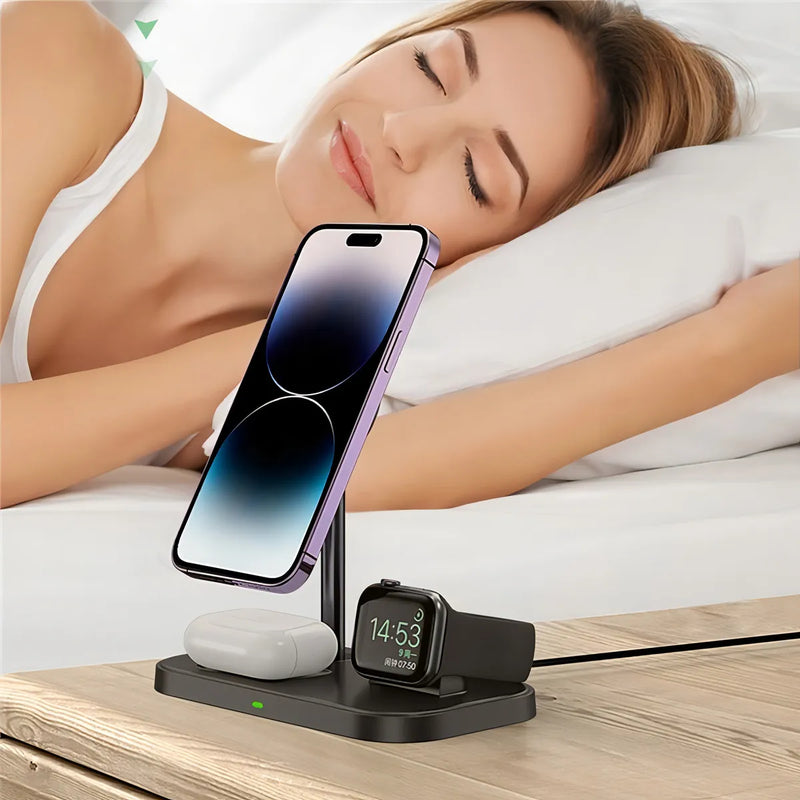 Mr. Gadgets Cargador Inalámbrico 3 en 1 de 15W con Soporte Magnético y Base de Escritorio