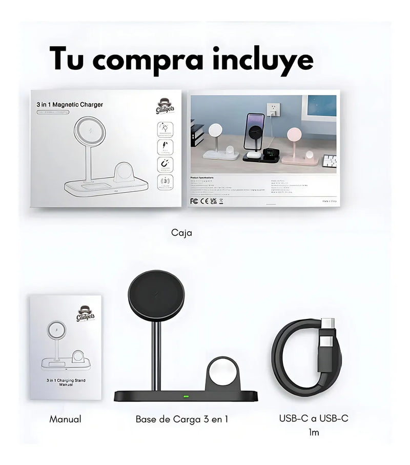 Mr. Gadgets Cargador Inalámbrico 3 en 1 de 15W con Soporte Magnético y Base de Escritorio