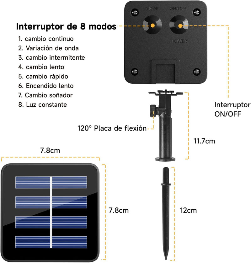Luces Solares LED ELECGO 2x10M, Blanco Cálido, 8 Modos, IP65 Impermeable