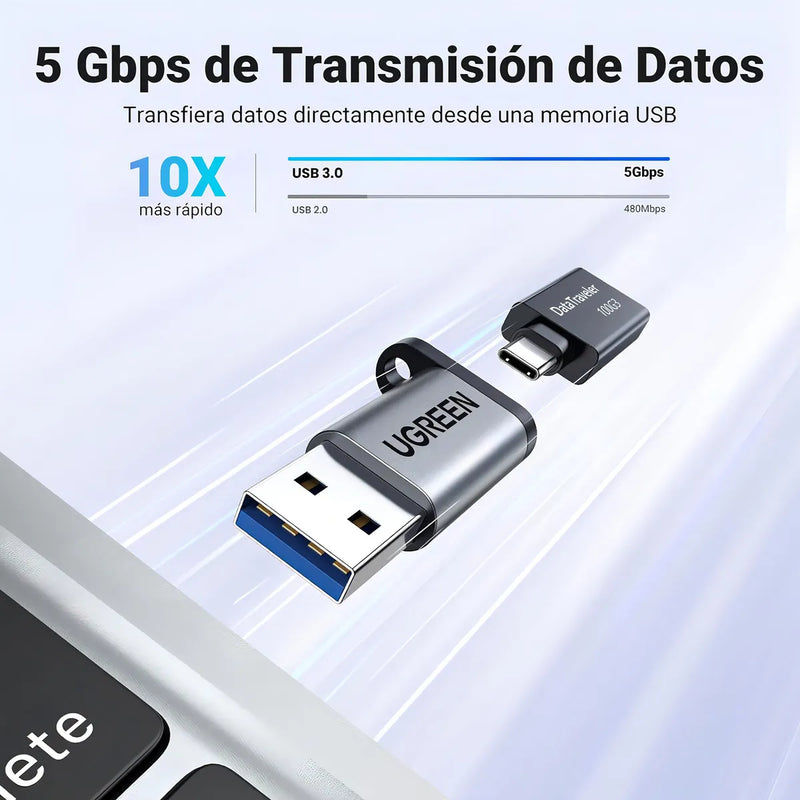 Adaptador UGREEN USB 3.0 a USB-C, Carga Rápida 3A y Transferencia 5 Gbps