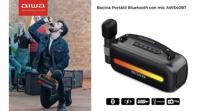 Bocina Portátil Aiwa AWSS40BT Bluetooth con Karaoke, Micrófono y Luces LED