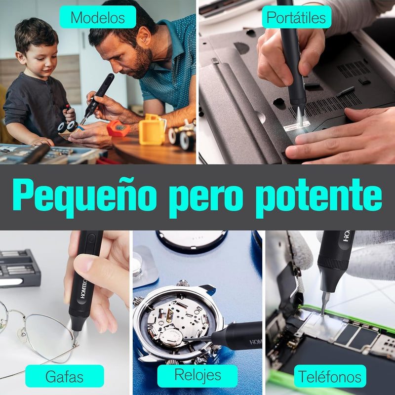 Destornillador Eléctrico de Precisión 52 en 1 Homtronics, Recargable, Inalámbrico y con Luz LED
