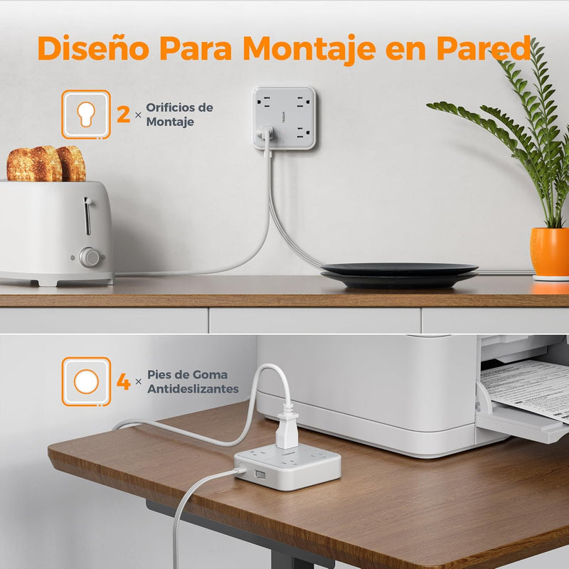 TESSAN Multicontacto 4 Tomas + 3 USB (USB-C) con Protector, Gris