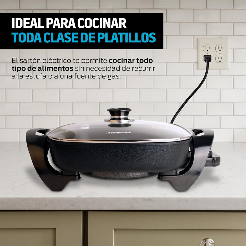 Sartén Eléctrico Antiadherente 4.5L con Tapa de Vidrio y Control de Temperatura, Redlemon