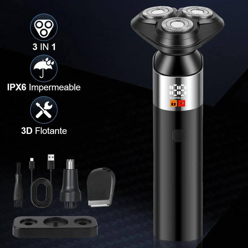 Rasuradora Eléctrica Hombre IPX7 Recargable Kit 3 en 1 Barba y Nariz