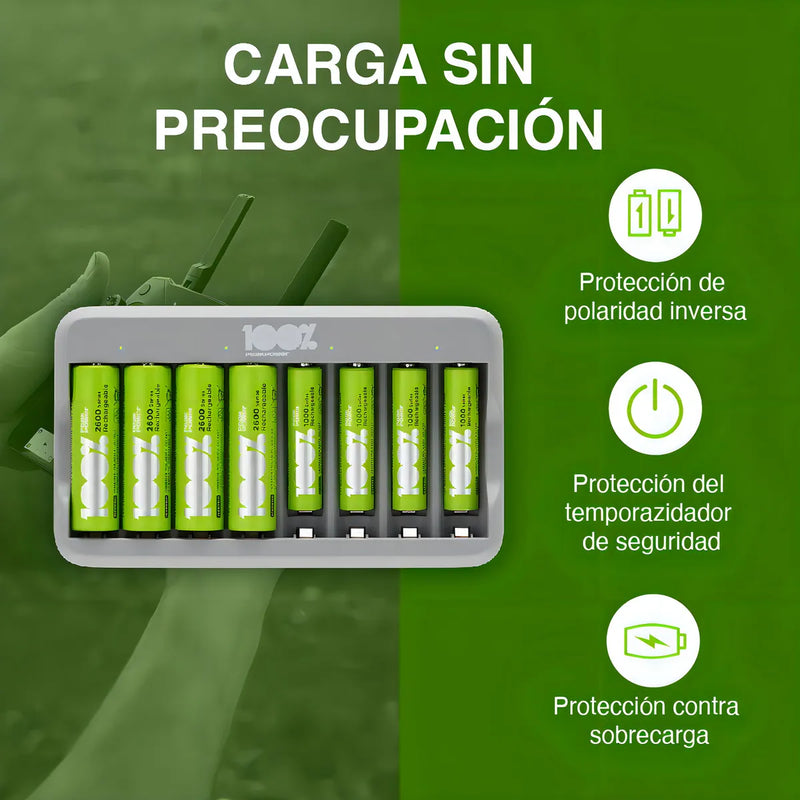 Cargador de Pilas AA y AAA con 8 Ranuras USB + 8 Pilas Incluidas