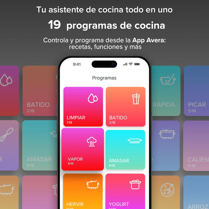 AVERA Chef Robot de Cocina Inteligente 4.7L, WiFi, Pantalla Táctil, 1850 Recetas, 19 Programas y 30 Funciones