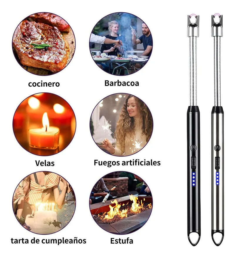Set de 3 Encendedores Eléctricos USB Recargables, Plasma con Pantalla LED y Cuello Flexible 360°