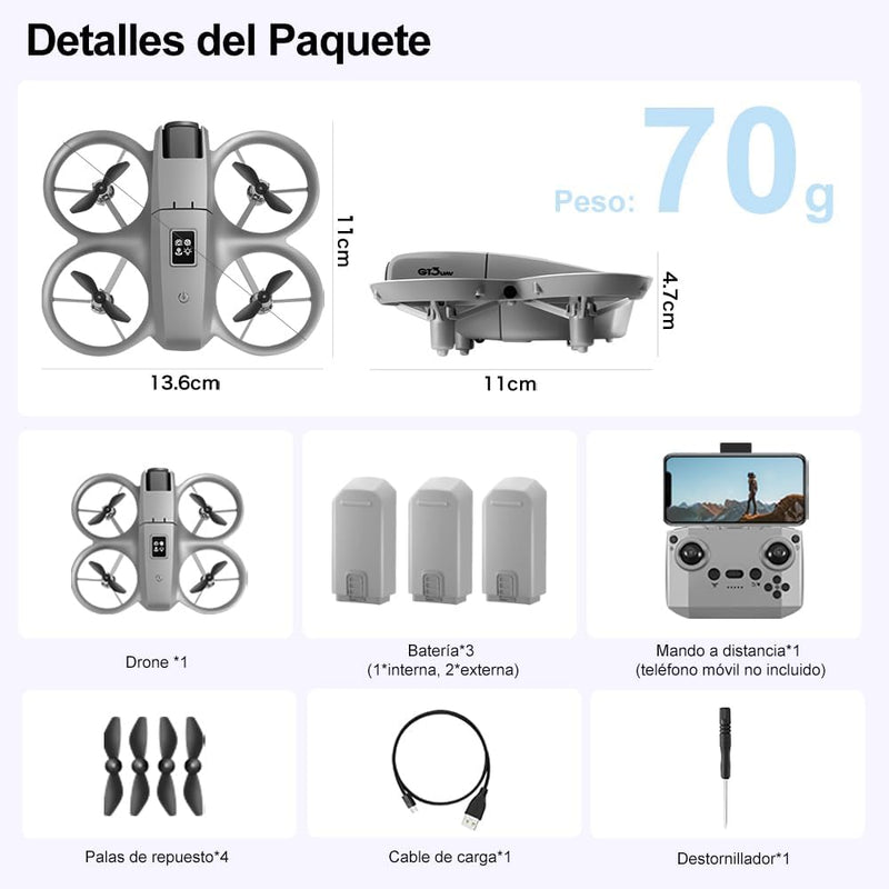Mini Dron con Cámara 4K, Drone Portátil con 3 Baterías, Evitación Inteligente de Obstáculos