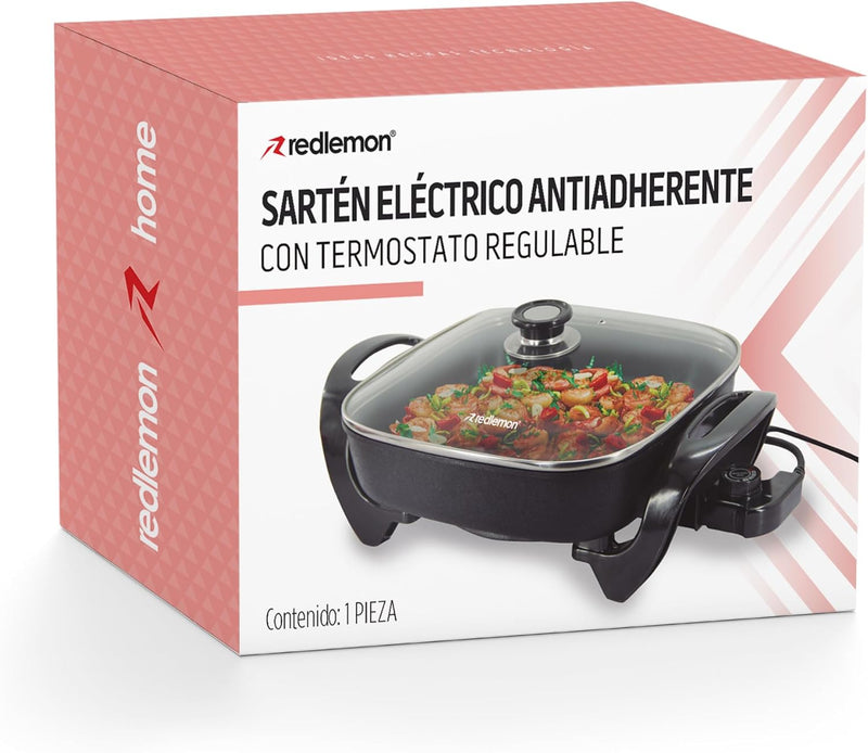 Sartén Eléctrico Antiadherente 4.5L con Tapa de Vidrio y Control de Temperatura, Redlemon