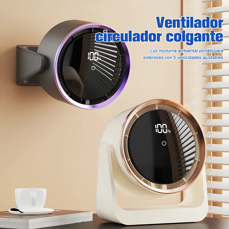 Ventilador de Escritorio USB Recargable 5 Velocidades con Luz LED