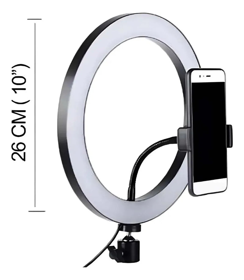 Aro de Luz LED Portátil 10’’ con Trípode y 3 Tonos de Luz