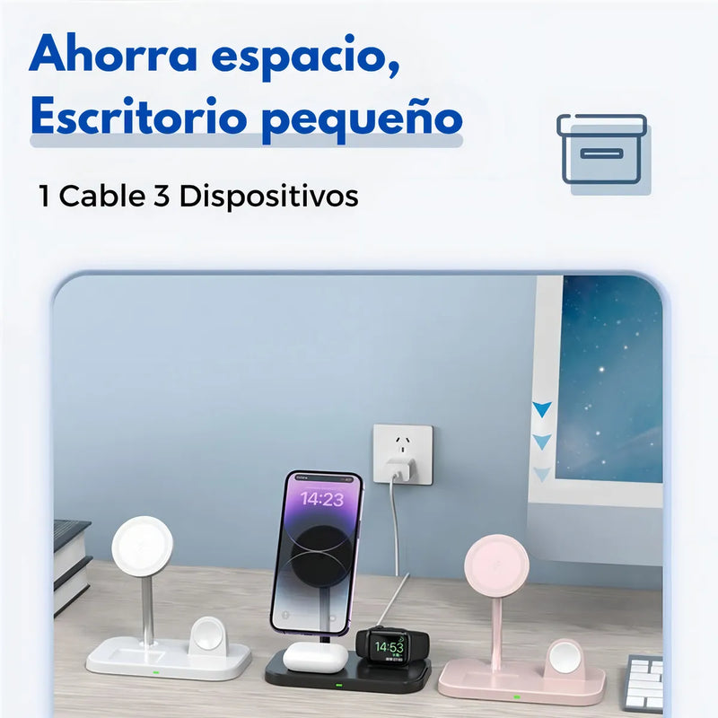 Mr. Gadgets Cargador Inalámbrico 3 en 1 de 15W con Soporte Magnético y Base de Escritorio