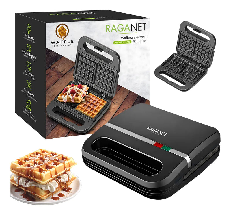Waflera Eléctrica Antiadherente de 2 Cuadrados, Fácil de Limpiar