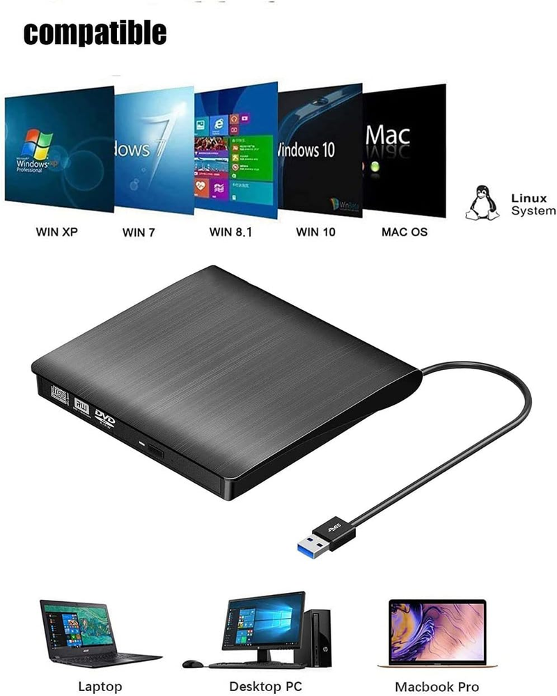 Lector y Grabadora Compatible con Windows, Mac y Linux, Alta Velocidad, Portátil con Cable Integrado