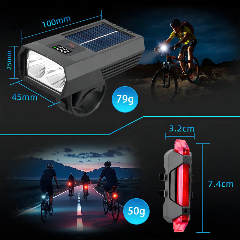 Vanance Luces Solares LED para Bicicleta Recargables, Kit Luz Delantera y Trasera, Impermeable IPX6