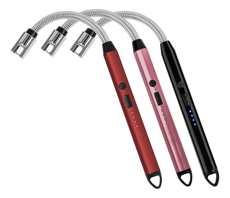 Set de 3 Encendedores Eléctricos USB Recargables, Plasma con Pantalla LED y Cuello Flexible 360°