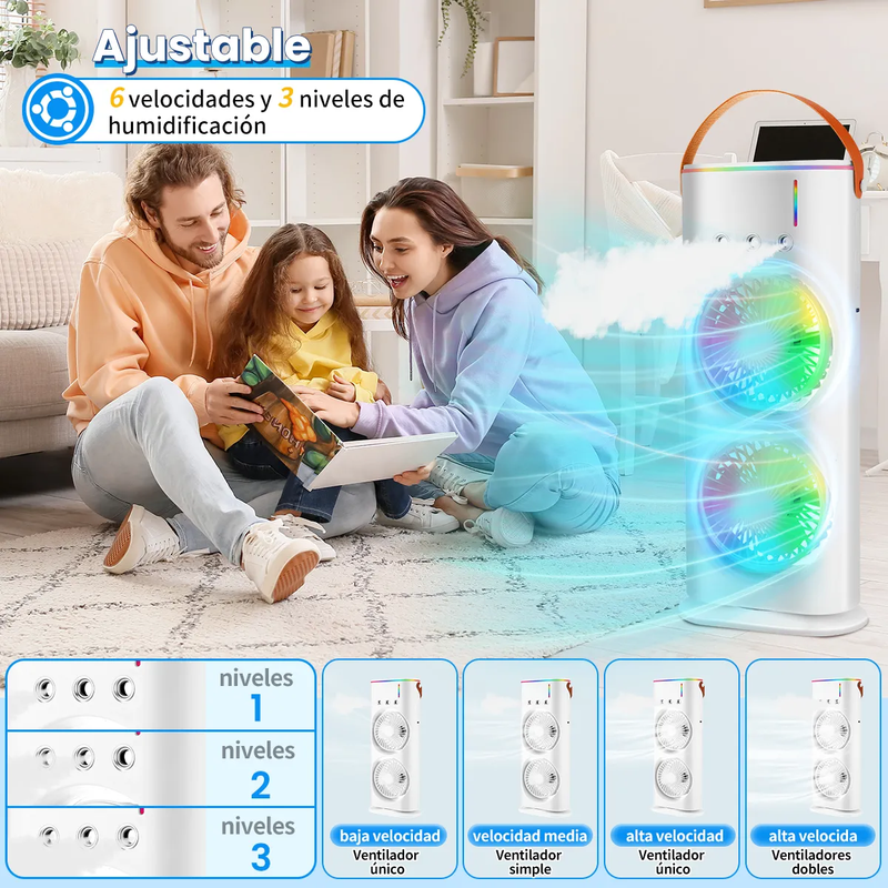 Enfriador de Aire de Escritorio LED con Doble Ventilador y 3 Niveles