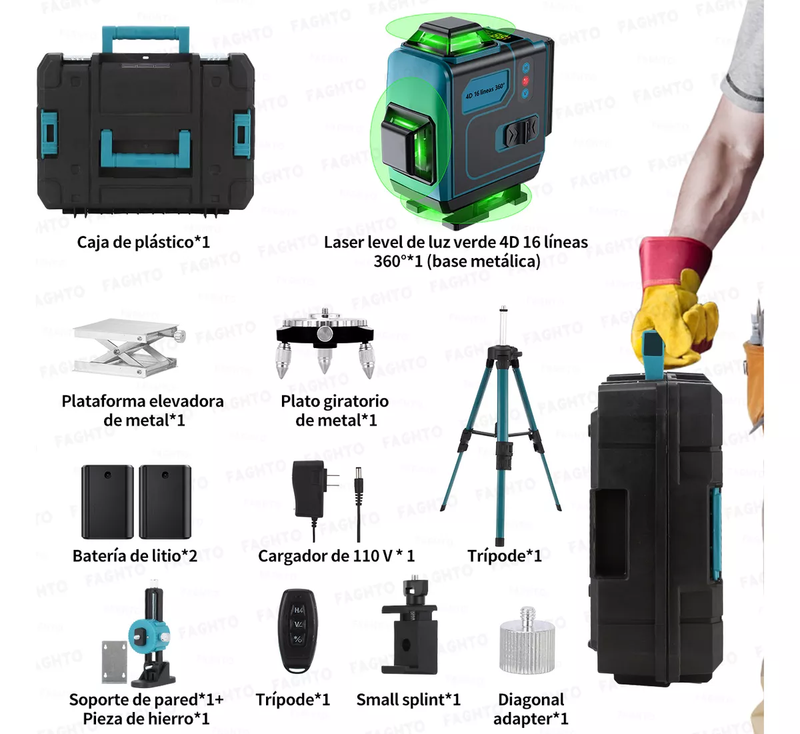 Nivel Láser Autonivelante con Trípode 360° 16 Líneas 4D LCD