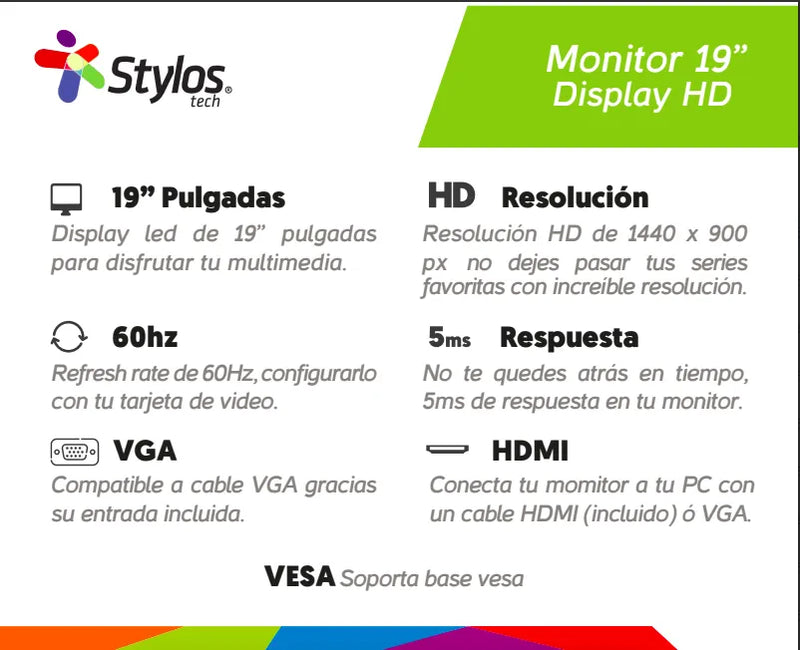 Monitor Stylos Tech 19" LED HD (1440x900), HDMI + VGA, 5ms, STPMOT3B