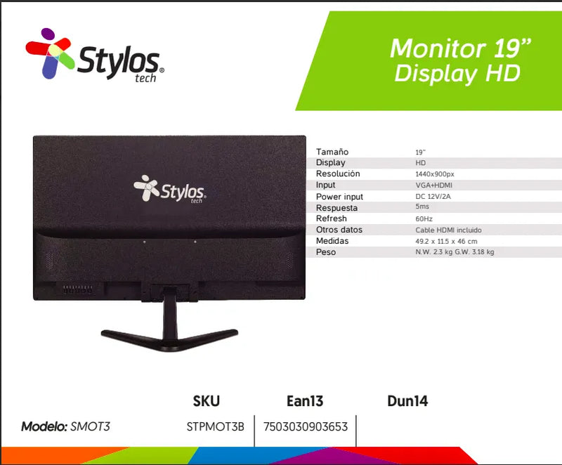 Monitor Stylos Tech 19" LED HD (1440x900), HDMI + VGA, 5ms, STPMOT3B