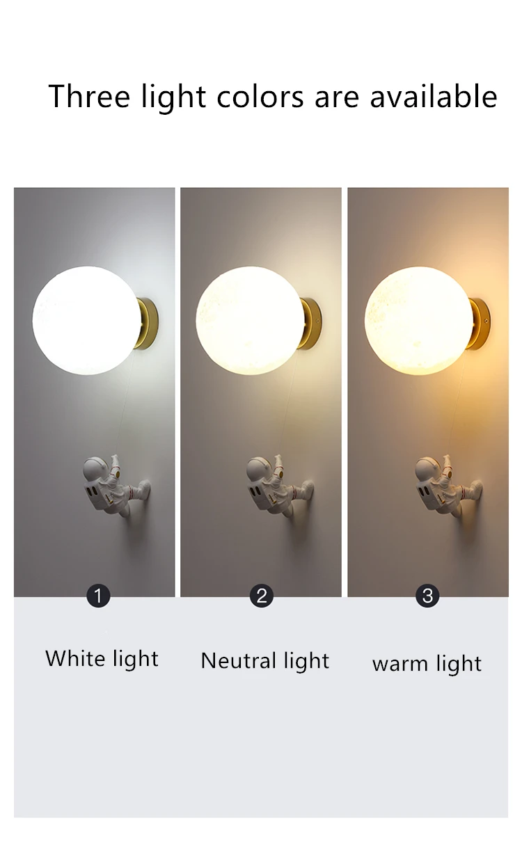 Lámpara de Pared LED de Luna con Astronauta y 3 Tonos de Luz