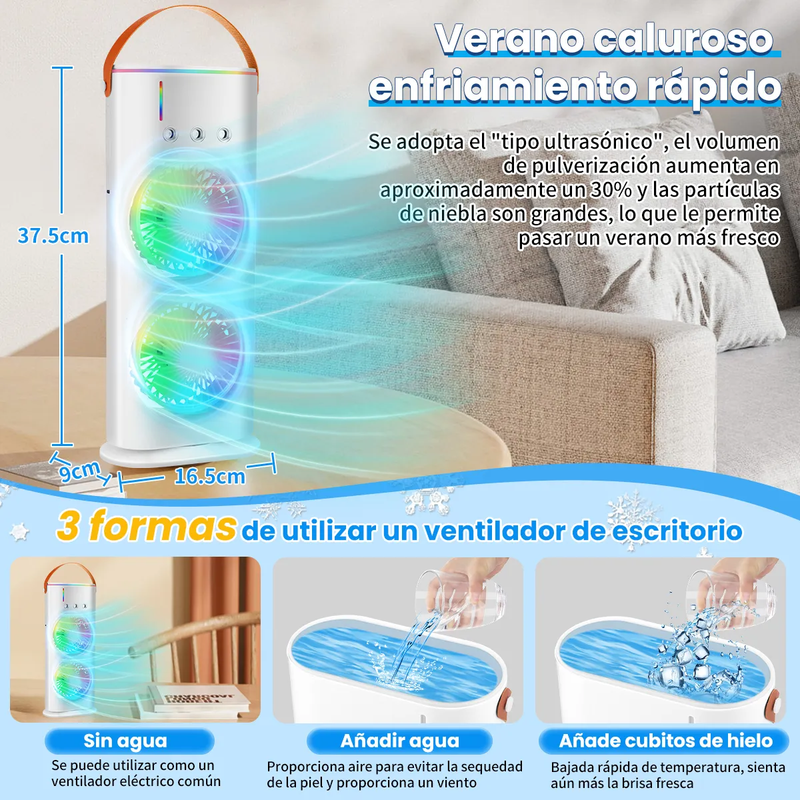 Enfriador de Aire de Escritorio LED con Doble Ventilador y 3 Niveles