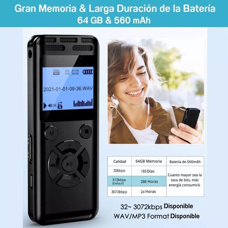 Grabadora de Voz Profesional V52 con Pantalla LCD 64GB