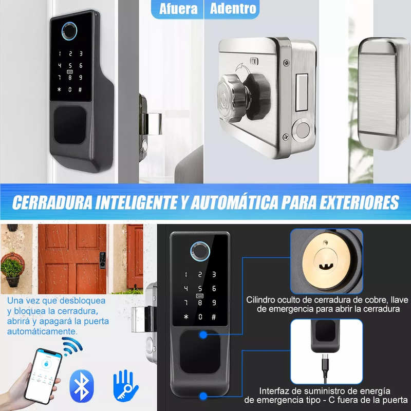 Cerradura Inteligente Electrónica Impermeable con 5 Métodos de Apertura