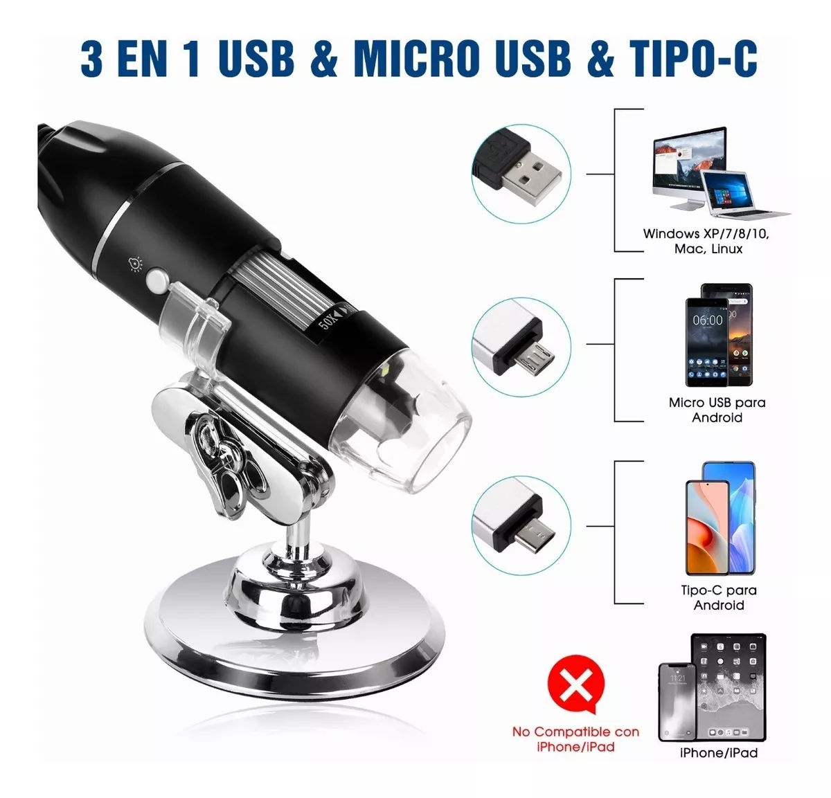 BES-27229 - Fotografia - beselettronica - Microscopio digitale 1600X 8 led  USB portatile zoom lente di ingradimento A-X03