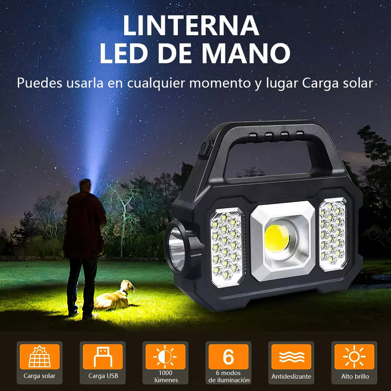 Linterna LED de Mano Portátil y Recargable con Panel Solar y USB