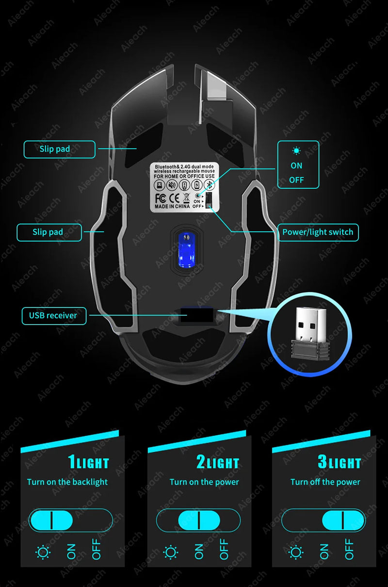Ratón Inalámbrico Mecánico Gamer Retroiluminado con Bluetooth USB
